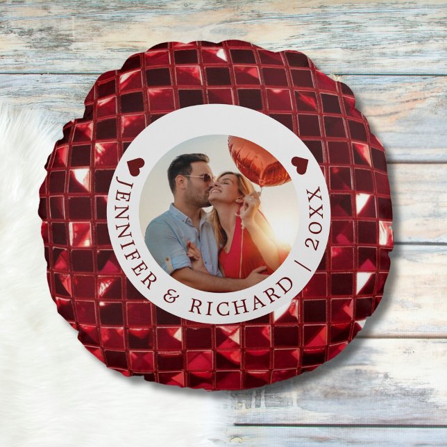 Almofada Redonda Dia de os namorados de cereja personalizado com fo (Custom Cherry Valentine's Day with Photo & Text Round Pillow)