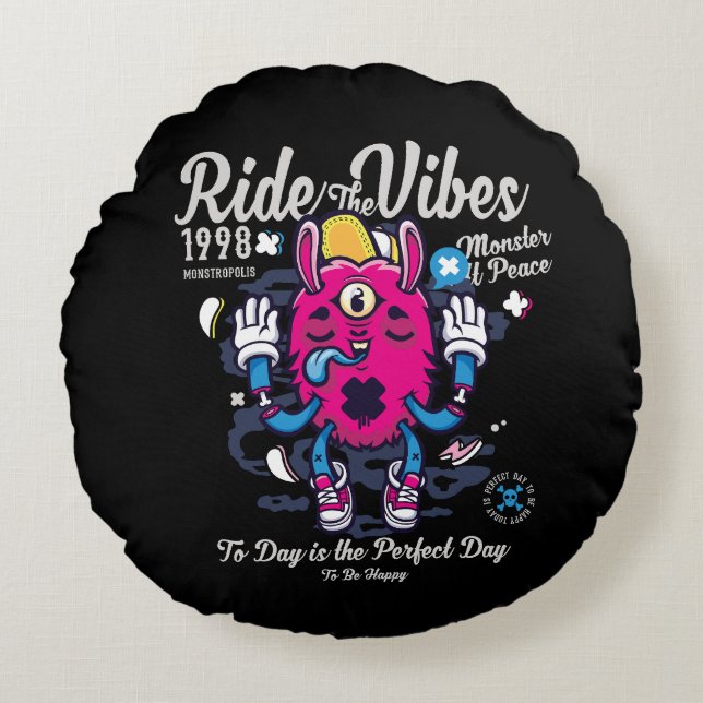 Almofada Redonda Dia perfeito para ser feliz | Monstro engraçado em (Frente)