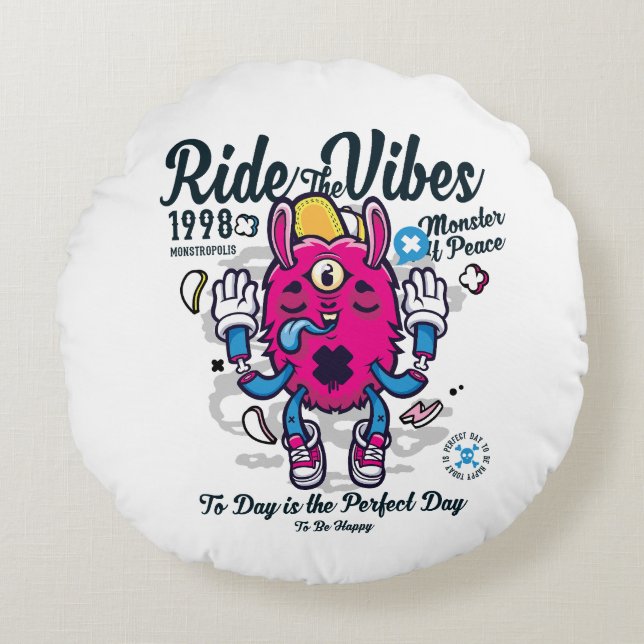 Almofada Redonda Dia perfeito para ser feliz | Monstro engraçado em (Frente)