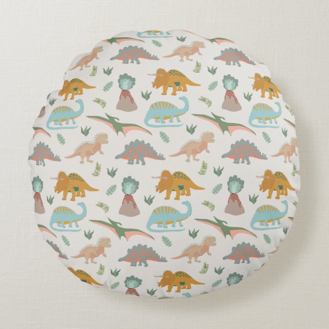 Almofada Redonda Dinosaurs Kids Hand Drawn Boho Dinosaur Bedroom (Frente)