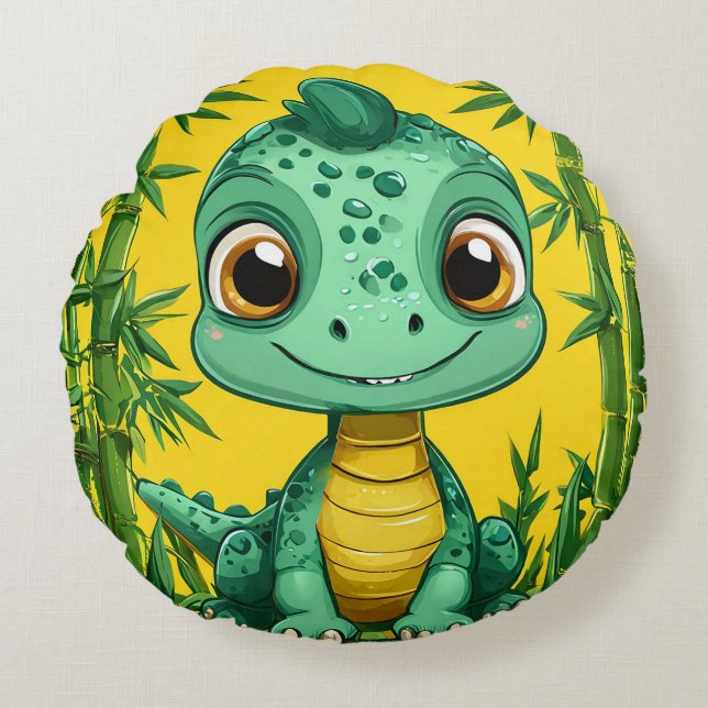Almofada Redonda Dinossauro Verde de Desenho Adorável (Frente)