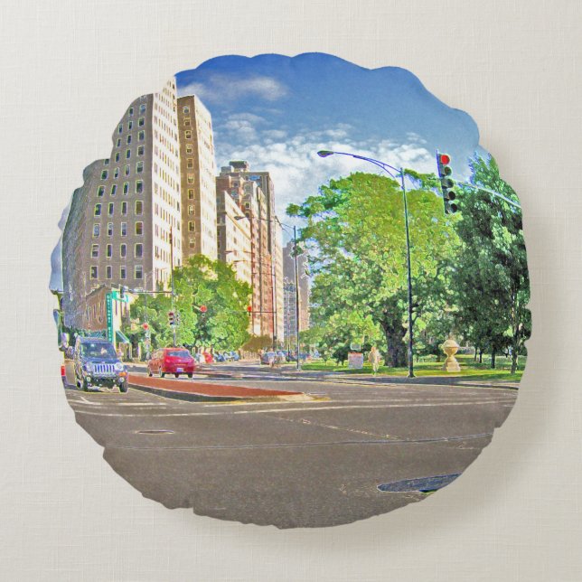 Almofada Redonda Dirigindo Pela Avenida Lincoln (Frente)