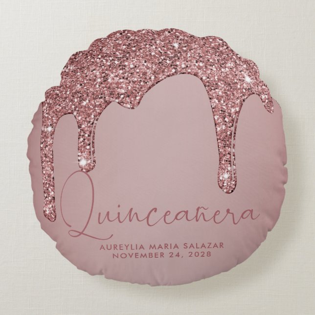 Almofada Redonda Disjuntores Glitter Dourados com Rosa de Quic Quin (Frente)