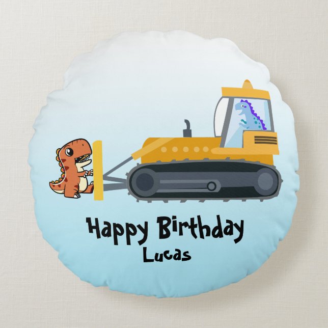 Almofada Redonda Diversão de um trator de dinossauro Fazenda Escola (Frente)