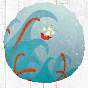 Almofada Redonda Diversão do Monstro do Mar de Barcos à Vela