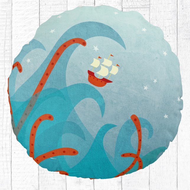 Almofada Redonda Diversão do Monstro do Mar de Barcos à Vela (Sailing boat and sea monster fun adventure pillow)