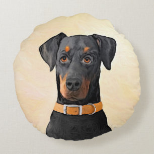Almofada Redonda Doberman Pinscher Pintura Original Descortada