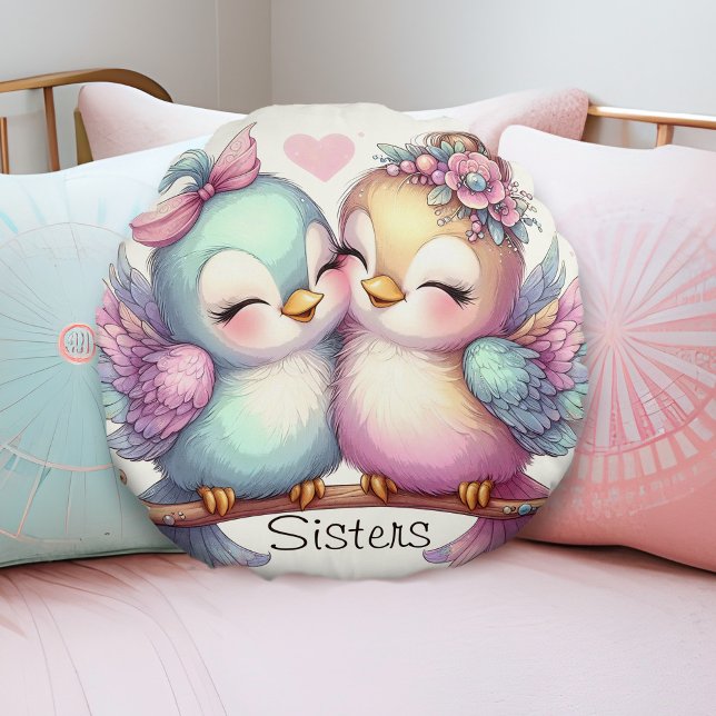 Almofada Redonda Doce Irmãs Pássaros Adoráveis Adoráveis Pastel Ros (Cute sister love birds personalized pillow pastel pink blue purple little girls shared bedroom decor)