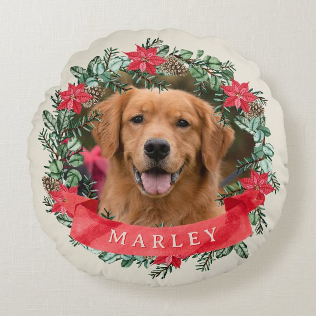 Almofada Redonda Dog Photo and Name Poinsettia Wreath Holiday Plaid (Frente)