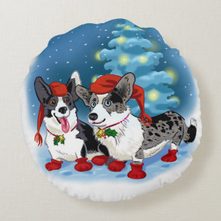 Almofada Redonda Dois em um Natal de Corgi