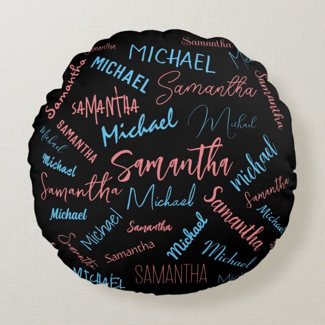 Almofada Redonda Dois nomes casal padrão monograma rosa claro azul (Frente)