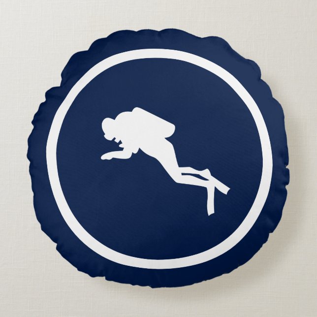 Almofada Redonda DOLFINÃO E DIVER SCUBA, azuis, quase Marinho, náut (Frente)