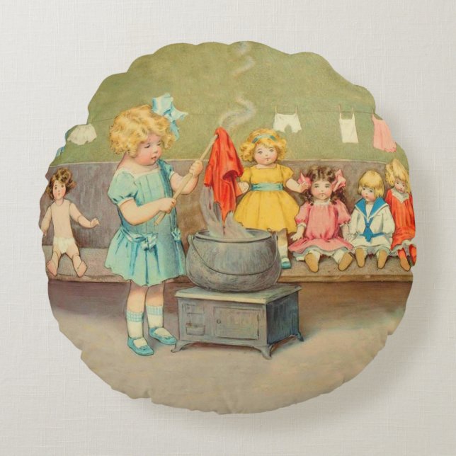 Almofada Redonda Dolly Laundry Girl Vintage Brincando Bonecas (Frente)