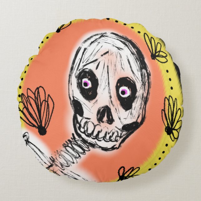 Almofada Redonda Doodle de Halloween de Esqueleto Sinistro    (Frente)
