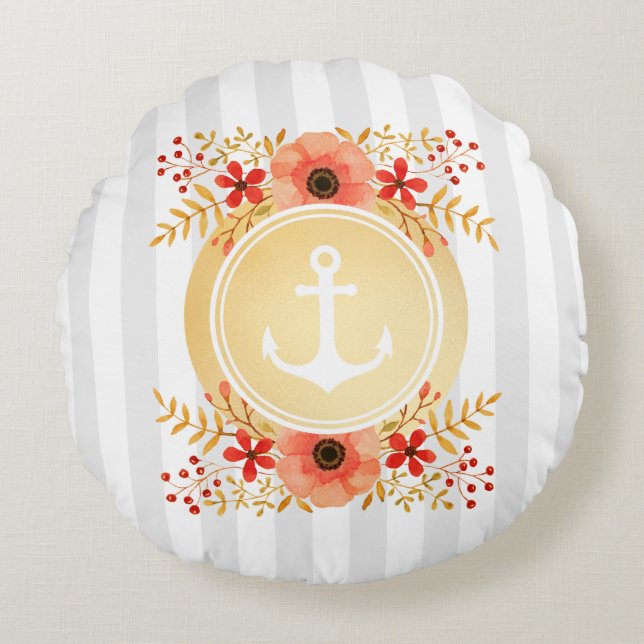 Almofada Redonda Dourada Ângulo Náutico Floral de Cor Fluvial (Frente)