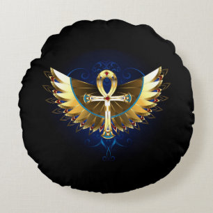 Almofada Redonda Dourada Ankh com Asas