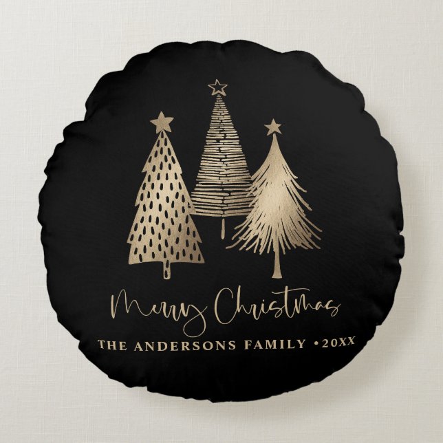 Almofada Redonda Dourada árvore de Natal elegante Feliz Natal (Frente)