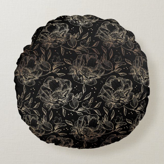 Almofada Redonda Dourada Faux Elegante Desenhando Florais Dando Pre (Frente)