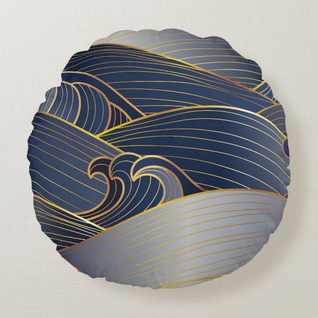 Almofada Redonda Dourada Wave Lines, Abstrato Vintage. (Frente)