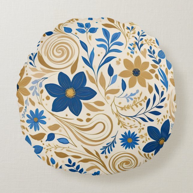 Almofada Redonda Dourado azul e branco floral com espirais (Frente)