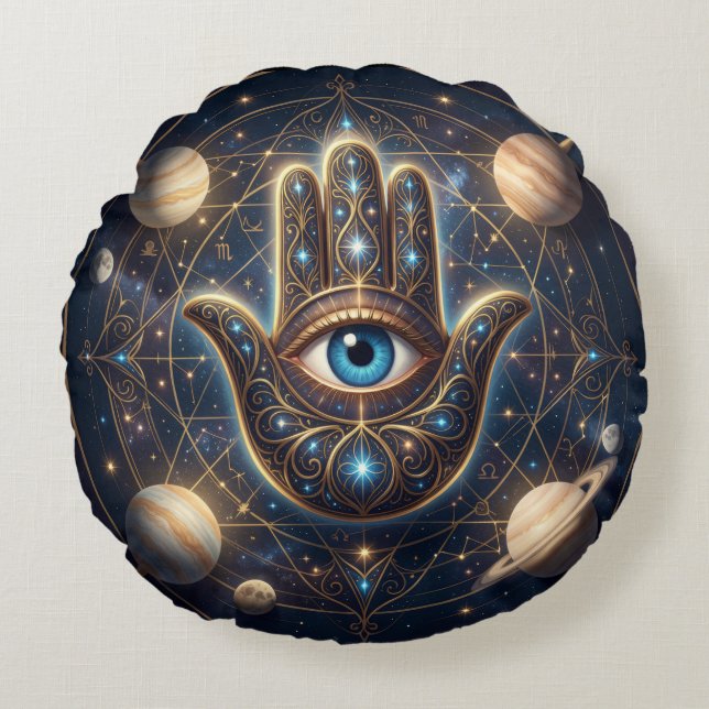 Almofada Redonda Dourado Celestial & Hamsa Azul-Marinho com Olho do (Frente)