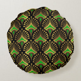 Almofada Redonda Dourado e verde Art Deco, padrão sem descontinuida
