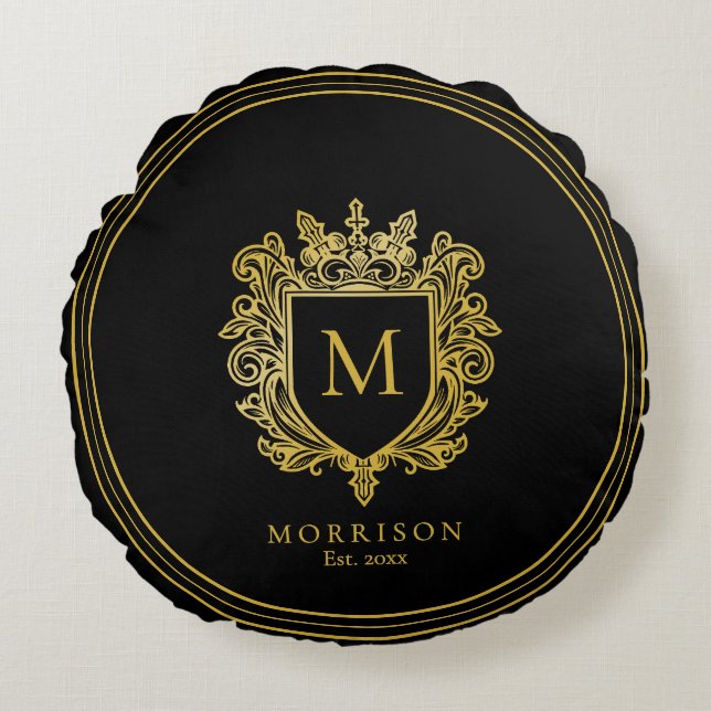 Almofada Redonda Dourado Monograma Crest (Frente)
