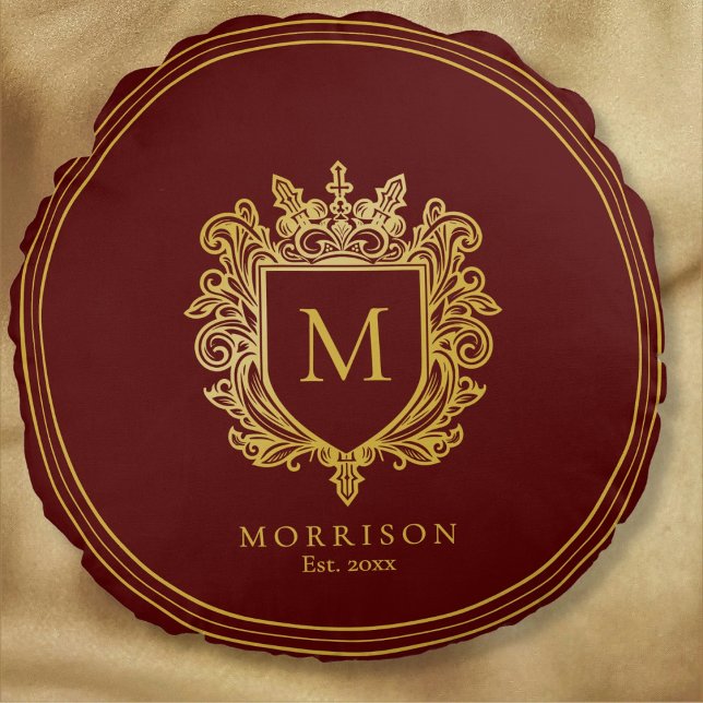 Almofada Redonda Dourado Monograma Crest (Criador carregado)