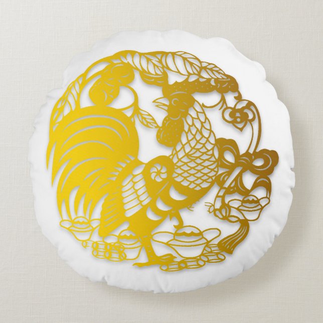 Almofada Redonda Dourado Rooster Papercut chinês Year Zodiac Birth  (Frente)