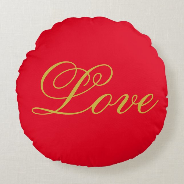 Almofada Redonda Dourado Script Red Love Calliografia (Frente)