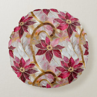 Almofada Redonda Dourados Swirls Borgonha Rosa Poinsettias de Natal
