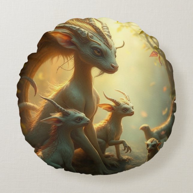 Almofada Redonda „Drachenmutter im goldenen Wald“ (Frente)