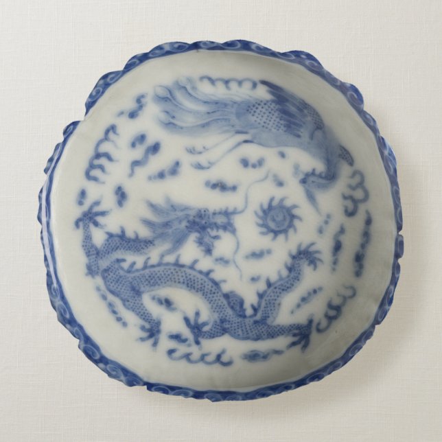Almofada Redonda Dragão chinês de vinagre monaco azul chinoiserie r (Frente)