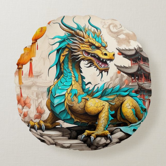 Almofada Redonda Dragão chinês tradicional para o Ano Novo Chinês (Frente)
