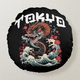 Almofada Redonda Dragão dança japonesa retroescavação