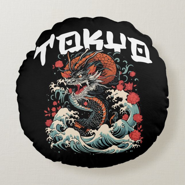 Almofada Redonda Dragão dança japonesa retroescavação (Frente)