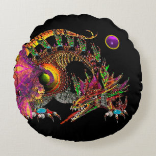 ALMOFADA REDONDA DRAGÃO DOURADO DA DRAGÃO/FANTASIA, MONOGRAMA PRETA