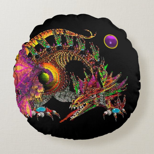 ALMOFADA REDONDA DRAGÃO DOURADO DA DRAGÃO/FANTASIA, MONOGRAMA PRETA (Frente)