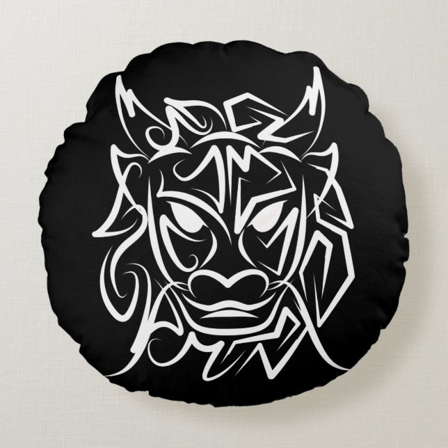 Almofada Redonda Dragão Tribal Negro e Branco (Frente)