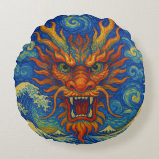 Almofada Redonda Dragão vermelho oriental noite estrelada Ondas Kan