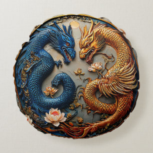 Almofada Redonda Dragões Azuis e Dourados em Design Yin Yang