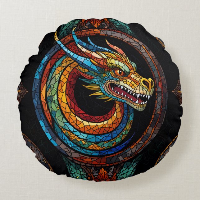 Almofada Redonda Dragon Swirl em design de mosaico multicolor (Frente)