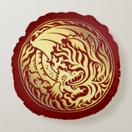 Almofada Redonda Dragoncírculo - Dourado no Vermelho