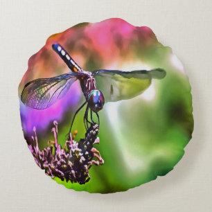 Almofada Redonda Dragonfly em pintura realista verde e azul