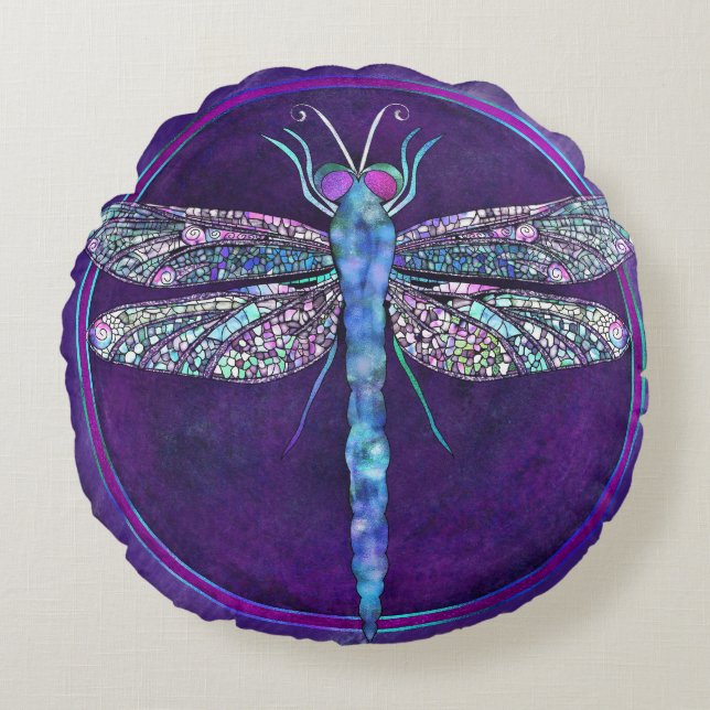 Almofada Redonda Dreamy Jewel-toned Dragonfly Round Pillow (Frente)