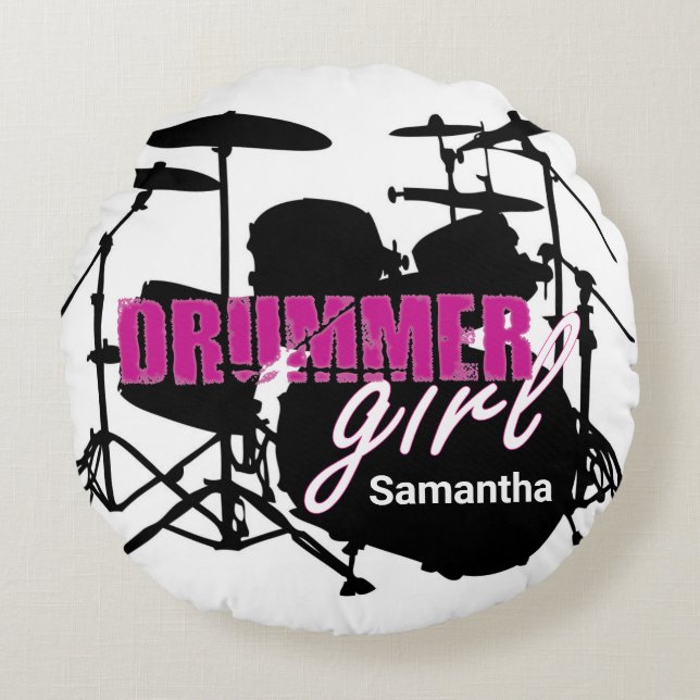 Almofada Redonda Drummer Girl First Name Grunge Purge com Texto Ro (Frente)