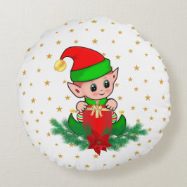 Almofada Redonda Duende de Natal, pinheiro, poinsétia & estrelas em