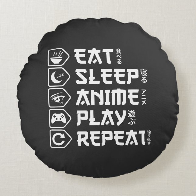 Almofada Redonda Eat Sleep Anime Play Repeat Otaku Anime Lifestyle (Frente)