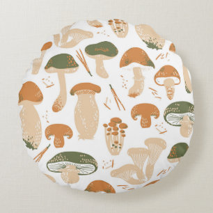 Almofada Redonda Edible Mushrooms seamless pattern. Linocut old sty
