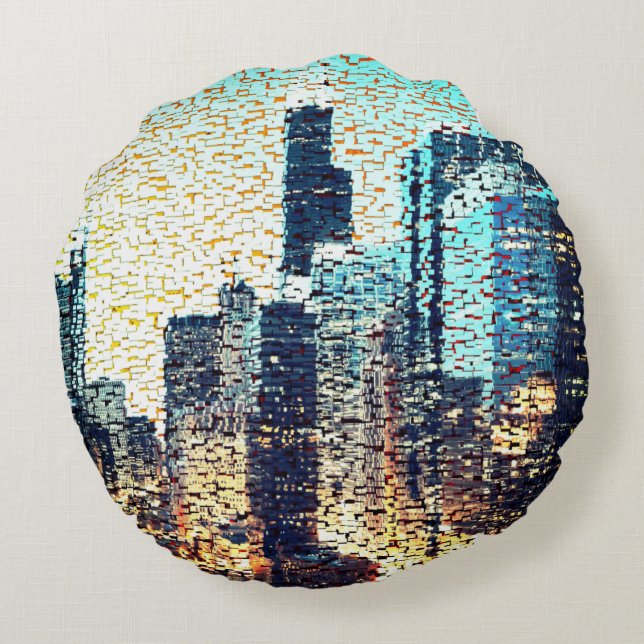 Almofada Redonda Edifícios da cidade azul em mosaico com alivio (Verso)